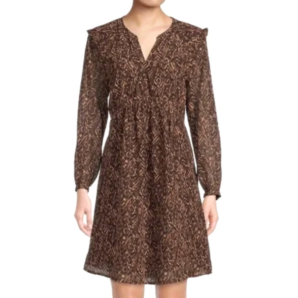 BEACH LUNCH LOUNGE Brown Ikat Print CHIFFON BLOUSON BABYDOLL DRESS Lined XXL